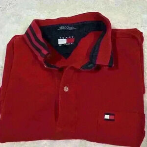 VINTAGE Tommy Hilfiger Rugby Polo Shirt‎ Men's Size 2XL Solid Red 100% Cotton